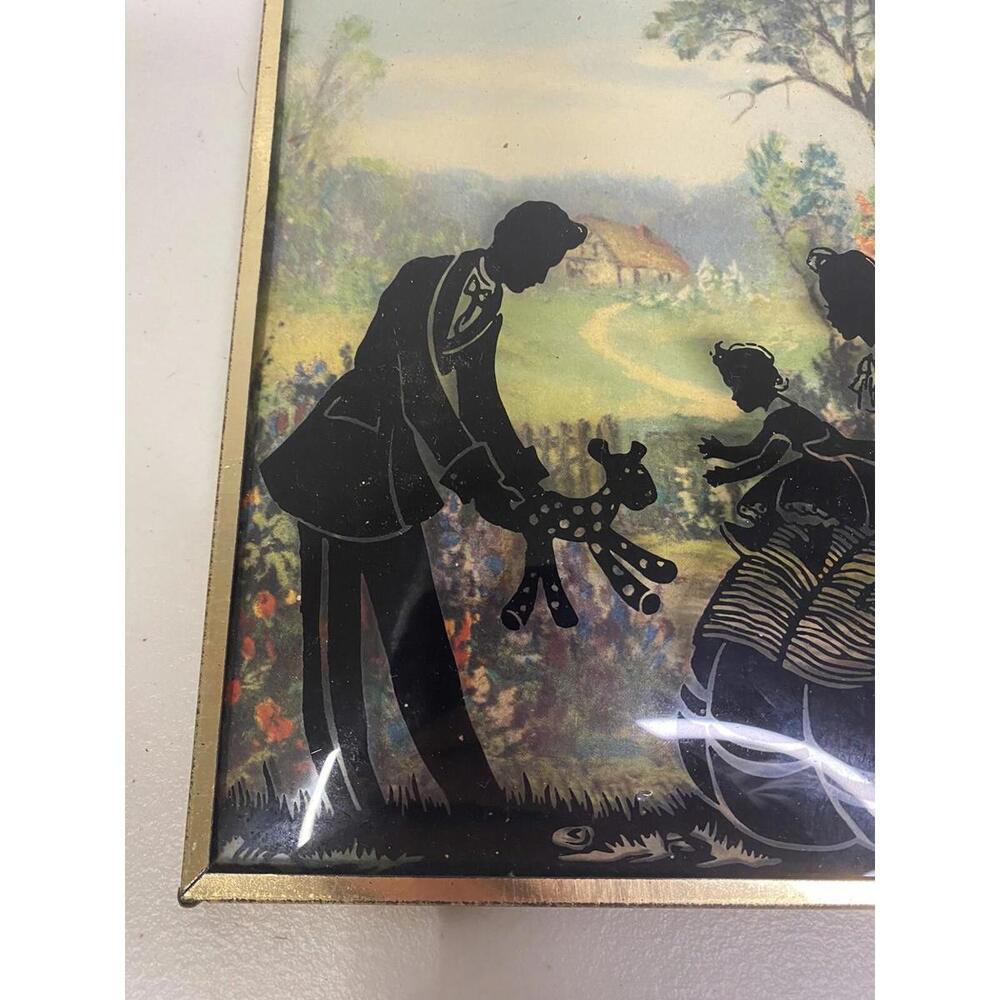 Antique Silhouette Bubble Glass Art Painting - Family Mother Father Kid Vintage